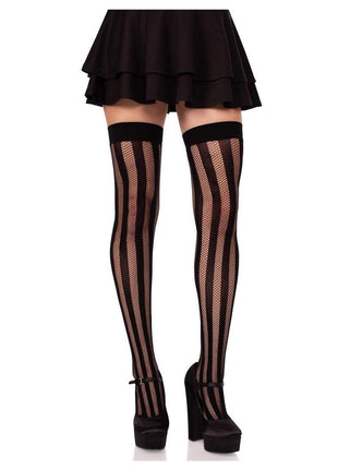 Leg Avenue Net and Opaque Striped Thigh Highs - Black - One Size