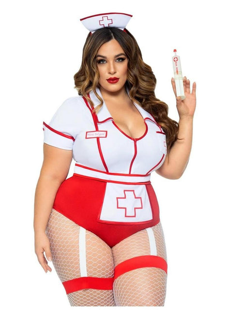 Leg Avenue Nurse Feelgood Snap Crotch Garter Bodysuit with Attached Apron and Hat Headband - Red/White - Queen/XLarge/XXLarge - 2 Piece