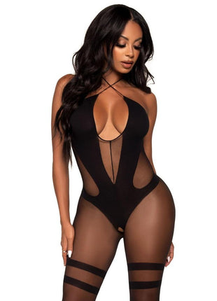 Leg Avenue Opaque and Sheer Keyhole Twist Halter Bodystocking - Black - One Size