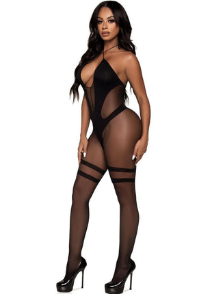 Leg Avenue Opaque and Sheer Keyhole Twist Halter Bodystocking