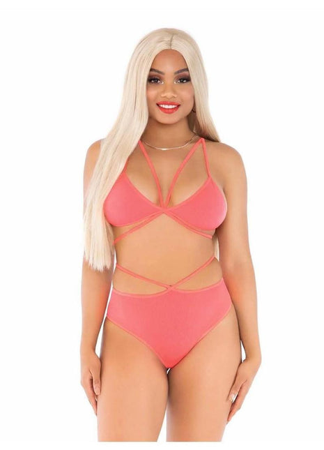 Leg Avenue Opaque Cage Strap Bra Top and Strappy Brazilian Briefs - Orange - One Size