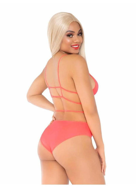 Leg Avenue Opaque Cage Strap Bra Top and Strappy Brazilian Briefs - Orange - One Size