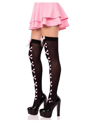 Leg Avenue Opaque Cross Bone Thigh Highs with Satin Bow Accent - Black/Light Pink - One Size