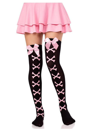 Leg Avenue Opaque Cross Bone Thigh Highs with Satin Bow Accent