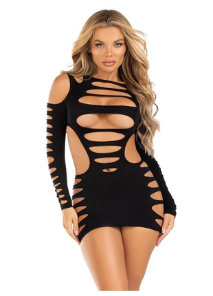 Leg Avenue Opaque Shredded Cut-Out Mini Dress - Black - One Size