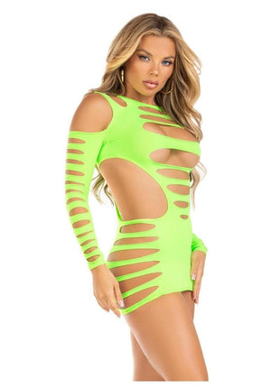 Leg Avenue Opaque Shredded Cut-Out Mini Dress - Neon Green - One Size