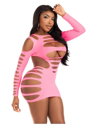 Leg Avenue Opaque Shredded Cut-Out Mini Dress - Neon Pink - One Size
