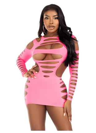 Leg Avenue Opaque Shredded Cut-Out Mini Dress - Neon Pink - One Size