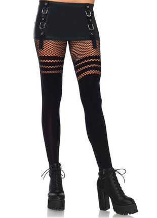 Leg Avenue Opaque Thigh High Pantyhose with Stripes - Black - One Size