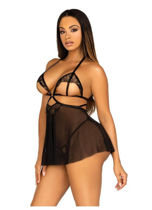 Leg Avenue Open Cup Eyelash Lace and Mesh Babydoll with Heart Ring Accent and Matching Panty - Black - Medium