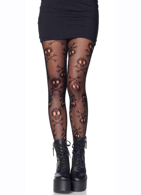 Leg Avenue Pirate Booty Skull Net Pantyhose - Black - One Size