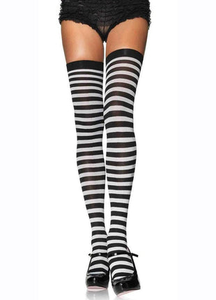 Leg Avenue Plus Size Nylon Stocking with Stripe - Black/White - Queen/XLarge/XXLarge