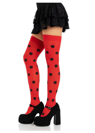Leg Avenue Polka Dot Opaque Thigh Highs - Black/Red - One Size