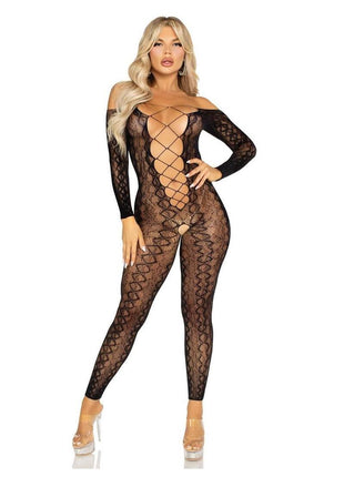 Leg Avenue Python Net Crotchless Footless Lingerie Jumpsuit with Faux Lace Up Detail