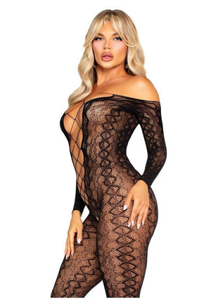 Leg Avenue Python Net Crotchless Footless Lingerie Jumpsuit with Faux Lace Up Detail - Black - One Size