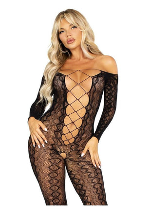 Leg Avenue Python Net Crotchless Footless Lingerie Jumpsuit with Faux Lace Up Detail - Black - One Size