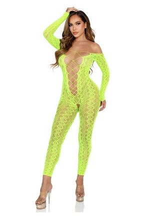 Leg Avenue Python Net Crotchless Footless Lingerie Jumpsuit with Faux Lace Up Detail