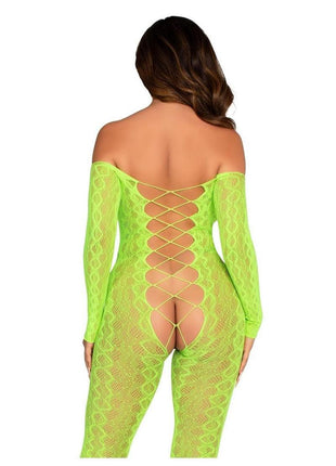 Leg Avenue Python Net Crotchless Footless Lingerie Jumpsuit with Faux Lace Up Detail