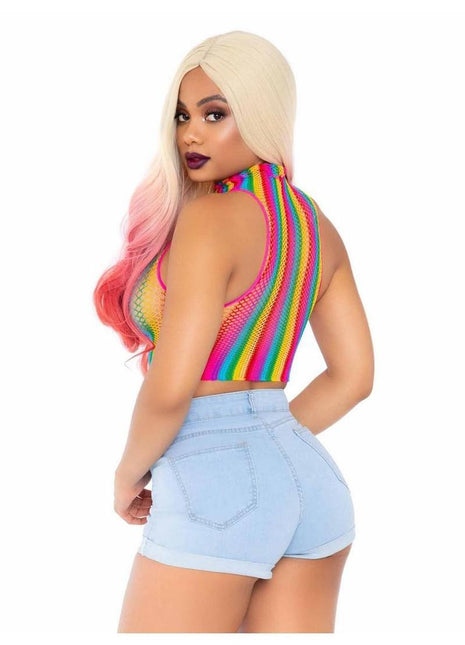 Leg Avenue Rainbow Net High Neck Crop Top - One Size