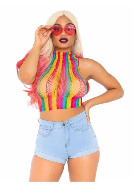 Leg Avenue Rainbow Net High Neck Crop Top - One Size