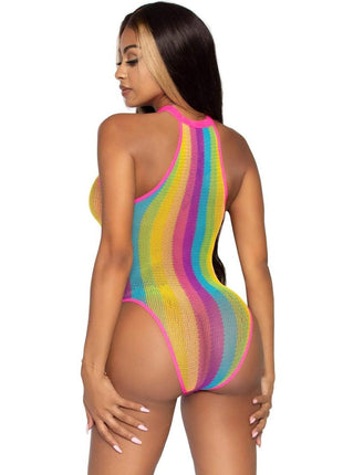 Leg Avenue Rainbow Striped Net Halter Bodysuit with Snap Crotch - Multicolor