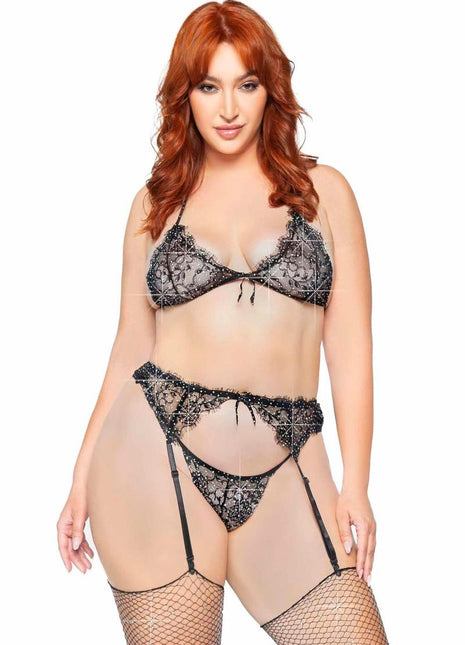 Rhinestone Eyelash Lace Bra Top Garter Belt and G-String - Black - Queen/XLarge/XXLarge - 3 Pieces