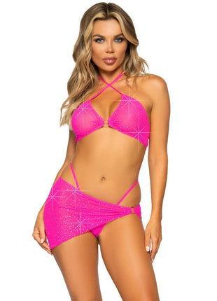 Leg Avenue Rhinestone Mesh Bra Top with Ring Accent, G-String Panty and Matching Sarong - Neon Pink/Pink - Large - 3 Pieces