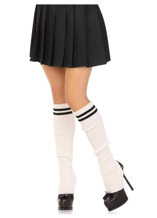 Leg Avenue Ribbed Stirrup Leg Warmers with Athletic Stripe - White - One Size