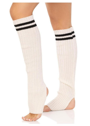 Leg Avenue Ribbed Stirrup Leg Warmers with Athletic Stripe - White - One Size