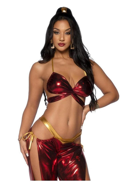 Leg Avenue Ruby Desert Princess Lame Bikini Top and Split Leg Cut-Out Harem Pants with Side Ties - Red - Medium - 2 Piece