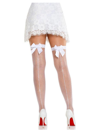 Leg Avenue Satin Bow Top Fishnet Thigh Highs with Rhinestone Backseam
