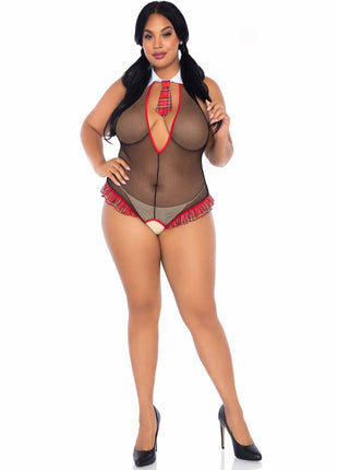 Leg Avenue School Girl Ruffle Trimmed Fishnet Deep-V Crotchless Teddy with Tie Accent and Cheeky Bare Back