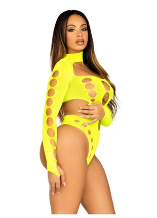Leg Avenue Seamless Asymmetrical Cut Out Thong Back Bodysuit - Neon Yellow/Yellow - One Size