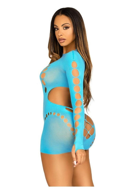 Leg Avenue Seamless Cut Long Sleeve Mini Dress with Faux Lace-Up Detail - Blue/Turquoise - One Size
