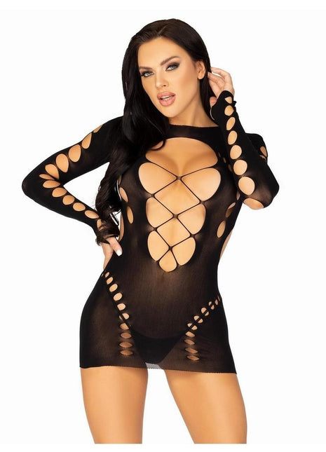 Leg Avenue Seamless Cut Out Long Sleeve Mini Dress with Faux Lace-Up Detail - Black - One Size