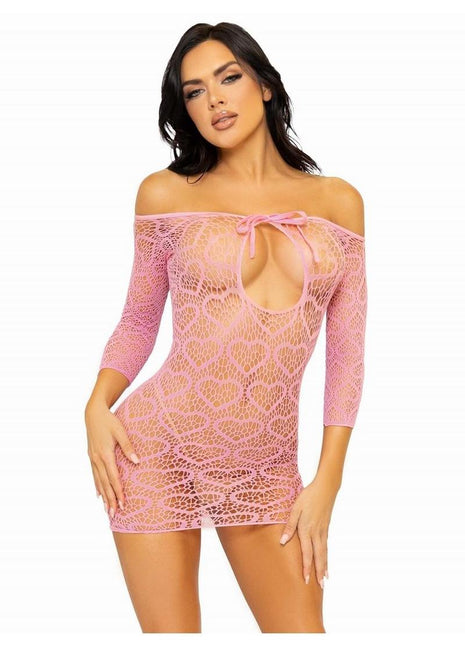 Leg Avenue Seamless Heart Net Mini Dress with Keyhole Tie Front - Pink - One Size