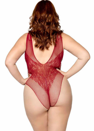 Leg Avenue Seamless Net Lace Bodysuit with Dual Shoulder Straps and Cheeky Cut Bottom - Burgundy/Red - Queen/XLarge/XXLarge
