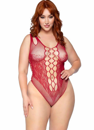Leg Avenue Seamless Net Lace Bodysuit with Dual Shoulder Straps and Cheeky Cut Bottom - Burgundy/Red - Queen/XLarge/XXLarge