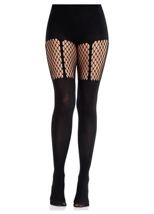 Leg Avenue Seamless Opaque Garter Illusion Tights with Net Thigh Detail