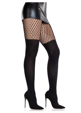 Leg Avenue Seamless Opaque Garter Illusion Tights with Net Thigh Detail - Black - One Size