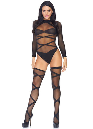 Leg Avenue Sheer Criss Cross Bodysuit with Matching Thigh High - Black - One Size - 2 Piece Set