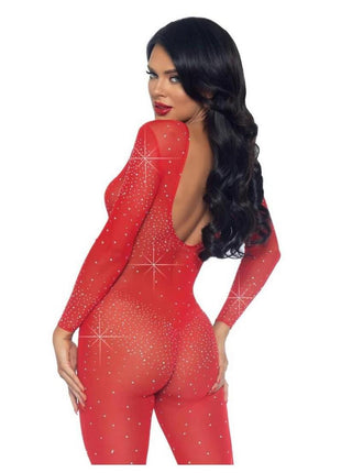Leg Avenue Sheer Rhinestone Catsuit - Red - Medium