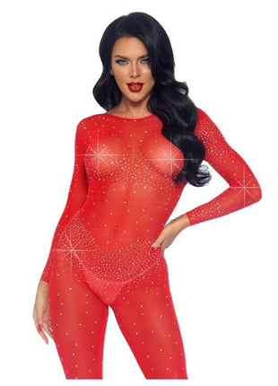 Leg Avenue Sheer Rhinestone Catsuit - Red - Small