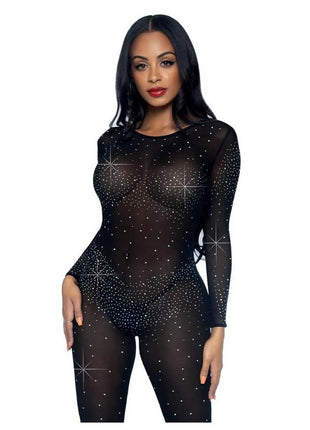Leg Avenue Sheer Rhinestone Catsuit - Black - XSmall