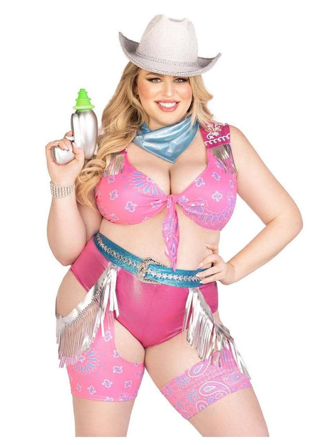 Leg Avenue Space Cowgirl Set Bandana Print Tie Front Crop Top with Fringe Trim, High Waist Bottoms with Attached Chaps, Belt with Fringe Detail, and Neck Bandana (4 Piece) - 1x/2x - Multicolor