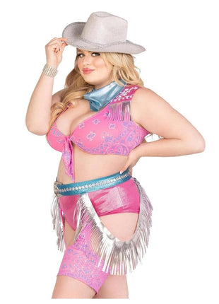 Leg Avenue Space Cowgirl Set Bandana Print Tie Front Crop Top with Fringe Trim, High Waist Bottoms with Attached Chaps, Belt with Fringe Detail, and Neck Bandana (4 Piece) - 1x/2x - Multicolor