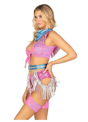 Leg Avenue Space Cowgirl Set Bandana Print Tie Front Crop Top with Fringe Trim, High Waist Bottoms with Attached Chaps, Belt with Fringe Detail, and Neck Bandana - Multicolor - XSmall - 4 Piece