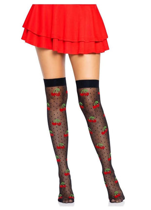 Leg Avenue Spandex Sheer Polka Dot Cherry Thigh Highs - Black/Red - One Size