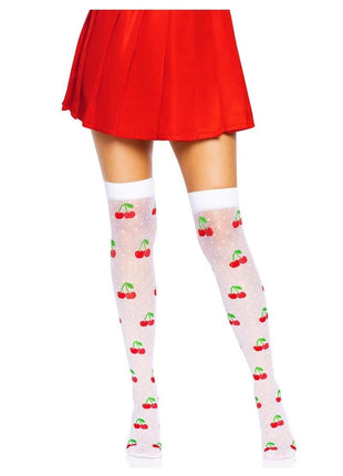 Leg Avenue Spandex Sheer Polka Dot Cherry Thigh Highs - Red/White - One Size