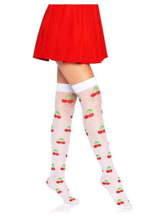 Leg Avenue Spandex Sheer Polka Dot Cherry Thigh Highs - Red/White - One Size